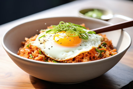 kimchi fried rice in a black bowl with a fried egg on topの素材