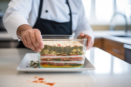 assembling lasagna layers in a glass baking dishの素材