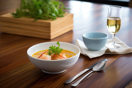 bowl of lobster bisque with cream swirl on wooden tableの素材