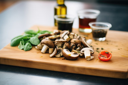 mixed marinated mushrooms, balsamic glaze, wooden boardの素材
