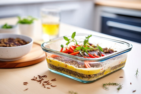 raw layered moussaka before baking, in a glass dishの素材