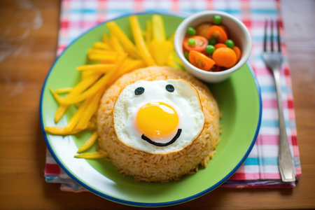 kids plate of nasi goreng with smiley face egg, fun mealの素材