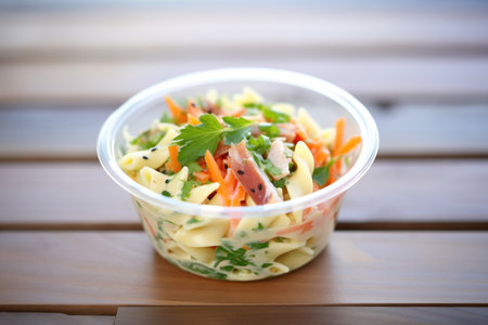 deli-style pasta salad with mayo and diced carrots, in a deli containerの素材