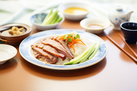 half-eaten peking duck meal on a diners plateの素材