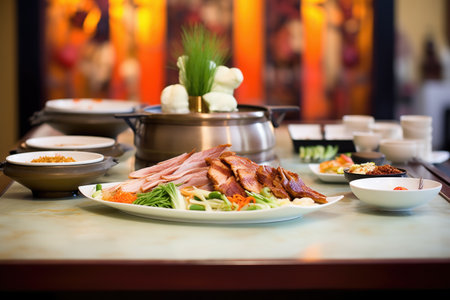 peking duck display with fire in backgroundの素材