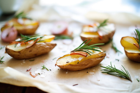 freshly roasted potato skins with rosemary sprigs on parchmentの素材