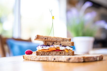 close-up of almond butter sandwich with soft focus backgroundの素材