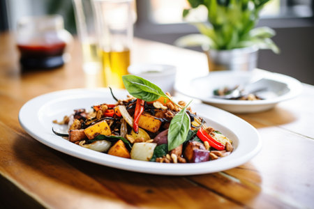 wide plate with roasted root vegetable salad, balsamic drizzleの素材