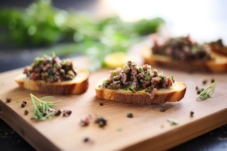 tapenade spread on crostinis on rustic wooden boardの素材