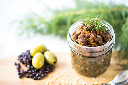 homemade tapenade in a mason jar, with olives around itの素材