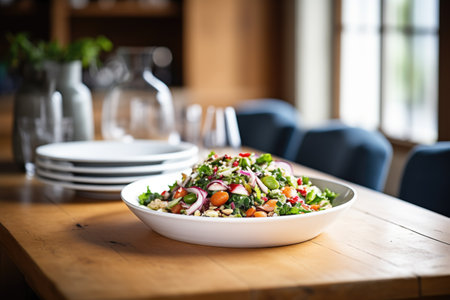 rustic table with three bean salad in ceramic dishの素材