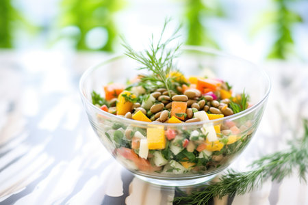 fresh three bean salad in glass bowl with herbsの素材