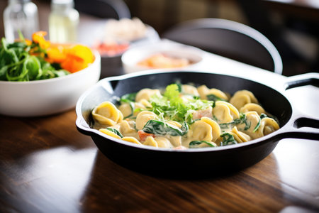 tortellini with creamy alfredo sauce in a skilletの素材