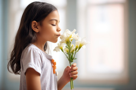 young girl sniffing a freshly bloomed flowerの素材