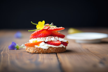 bagel with cream cheese and strawberry slices on topの素材