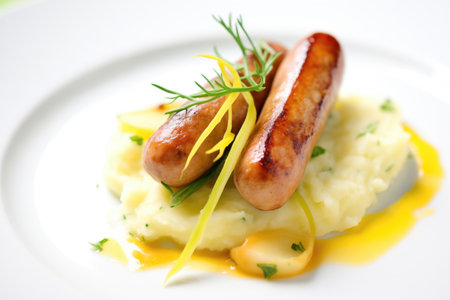 gourmet plating of bangers and mash with chivesの素材