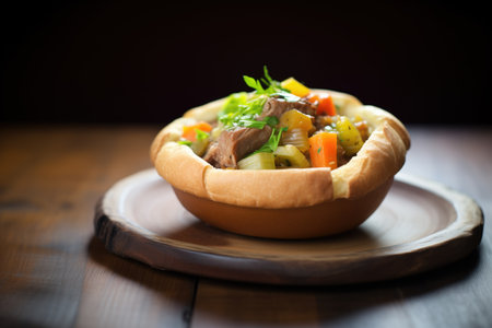 beef stew in a bread bowl on a rustic wood tableの素材