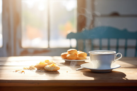 biscuits and gravy on a wooden table with morning sunlightの素材