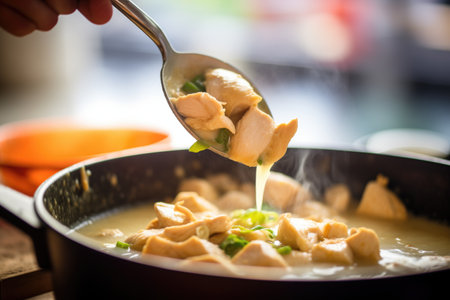 close-up of a spoon scooping chicken and dumplingsの素材