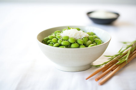 steamed edamame in white bowl with sea salt sprinklesの素材