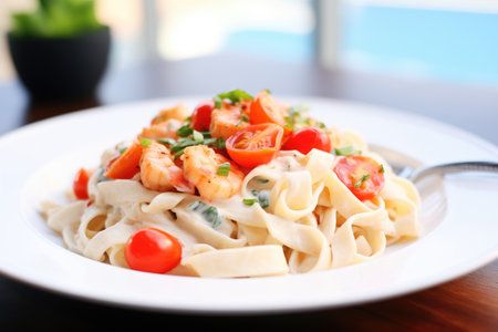 fettuccine alfredo with shrimp and diced tomatoesの素材
