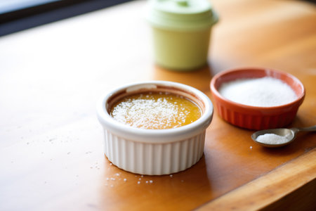 individual flan in ramekin, dusted with powdered sugarの素材