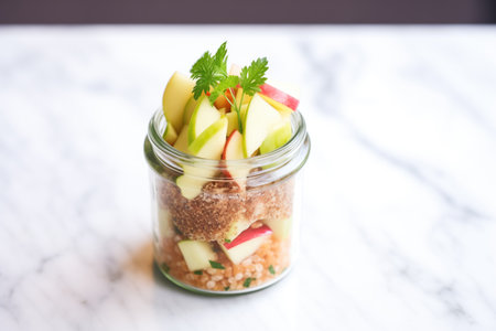 layered apple and cinnamon tartare in clear jarの素材