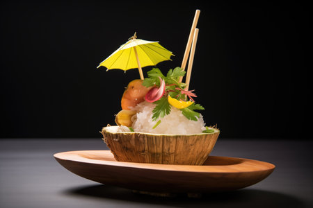 pineapple and coconut tartare in coconut shell with umbrellaの素材