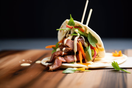 meat skewer kebab wrap in a pita with sauceの素材