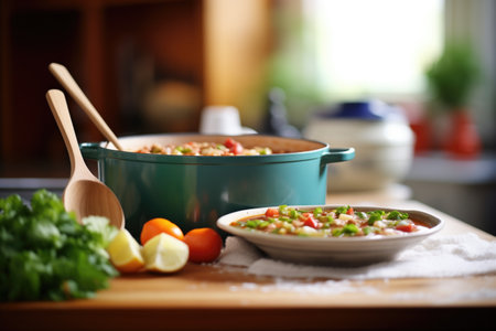 family size minestrone pot, wooden spoon, kitchen backdropの素材