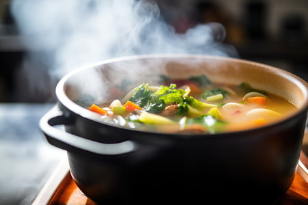 close-up of minestrone in pot, steam visibleの素材