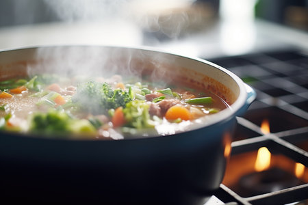 close-up of minestrone in pot, steam visibleの素材