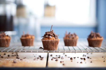 chocolate muffins on a wire rack with melted chipsの素材