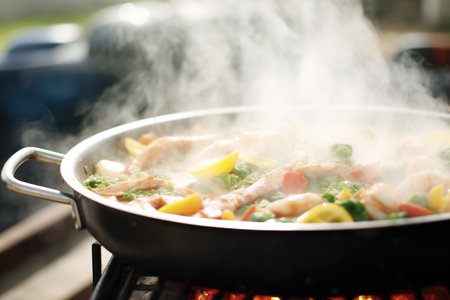 freshly cooked paella with steam rising from panの素材