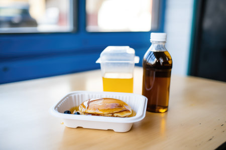 pancakes with syrup in a to-go containerの素材