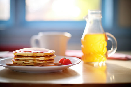 syrup bottle with pancakes in the backgroundの素材