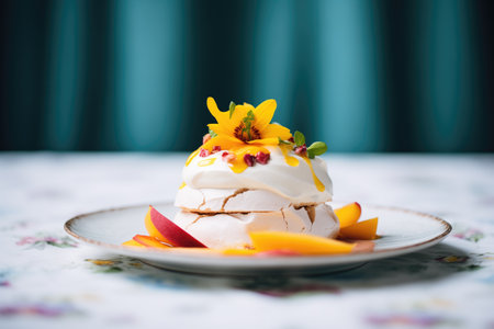 pavlova with a slice of peach and whipped creamの素材