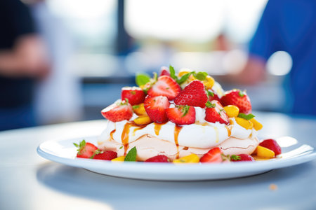 close-up of fresh pavlova with strawberries on topの素材