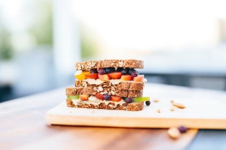 close-up of almond butter sandwich with soft focus backgroundの素材