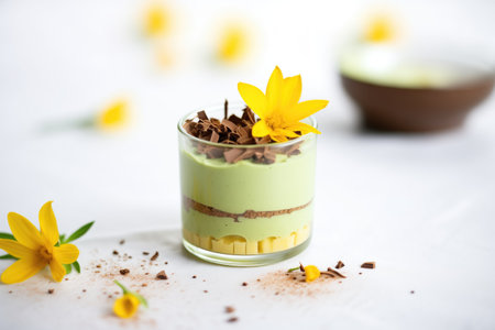 glass of avocado mousse topped with chocolate shavingsの素材