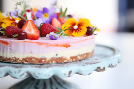 close-up of raw vegan cheesecake texture with fruit compoteの素材
