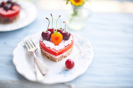 heart-shaped raw vegan cheesecake with a cherry toppingの素材