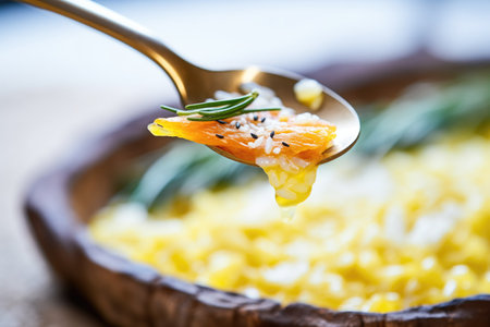 close-up of risotto milanese on a spoon, perfectly cooked rice grainsの素材