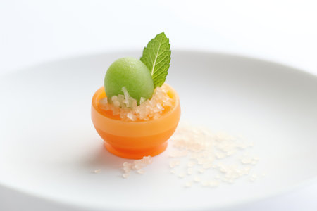melon sorbet balls in a half melon with mintの素材