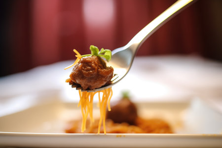 macro shot of meatball on spoon over spaghetti bed, sauce glistenの素材