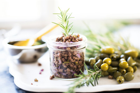 tapenade in glass jar with olive branch beside itの素材
