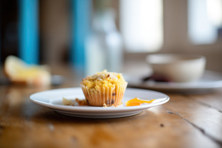 muffin on a plate with a slice of cheddar meltingの素材