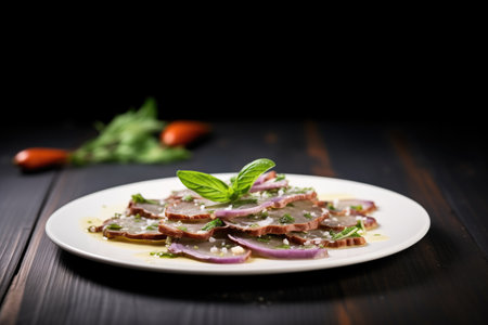 eggplant carpaccio with capers and mint leaves on dark backdropの素材