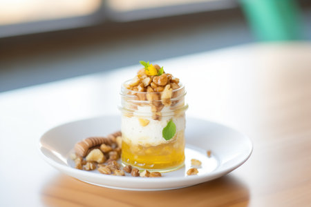 greek yogurt parfait with honeycomb piece and walnut toppingの素材