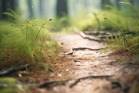 deer tracks crossing a forest path dotted with fernsの素材